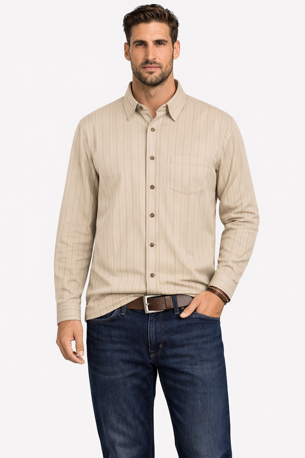 Men’s Vertical Striped Dress Shirt | Tailored Long Sleeve Button-Down