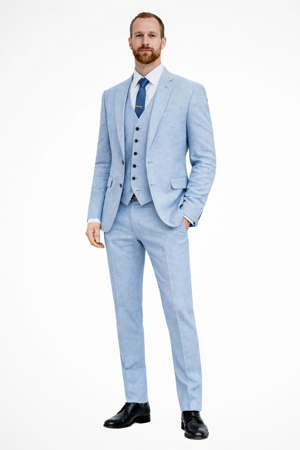 Men’s Light Blue Linen-Style 3-Piece Suit | Formal Blazer, Waistcoat & Trousers Set