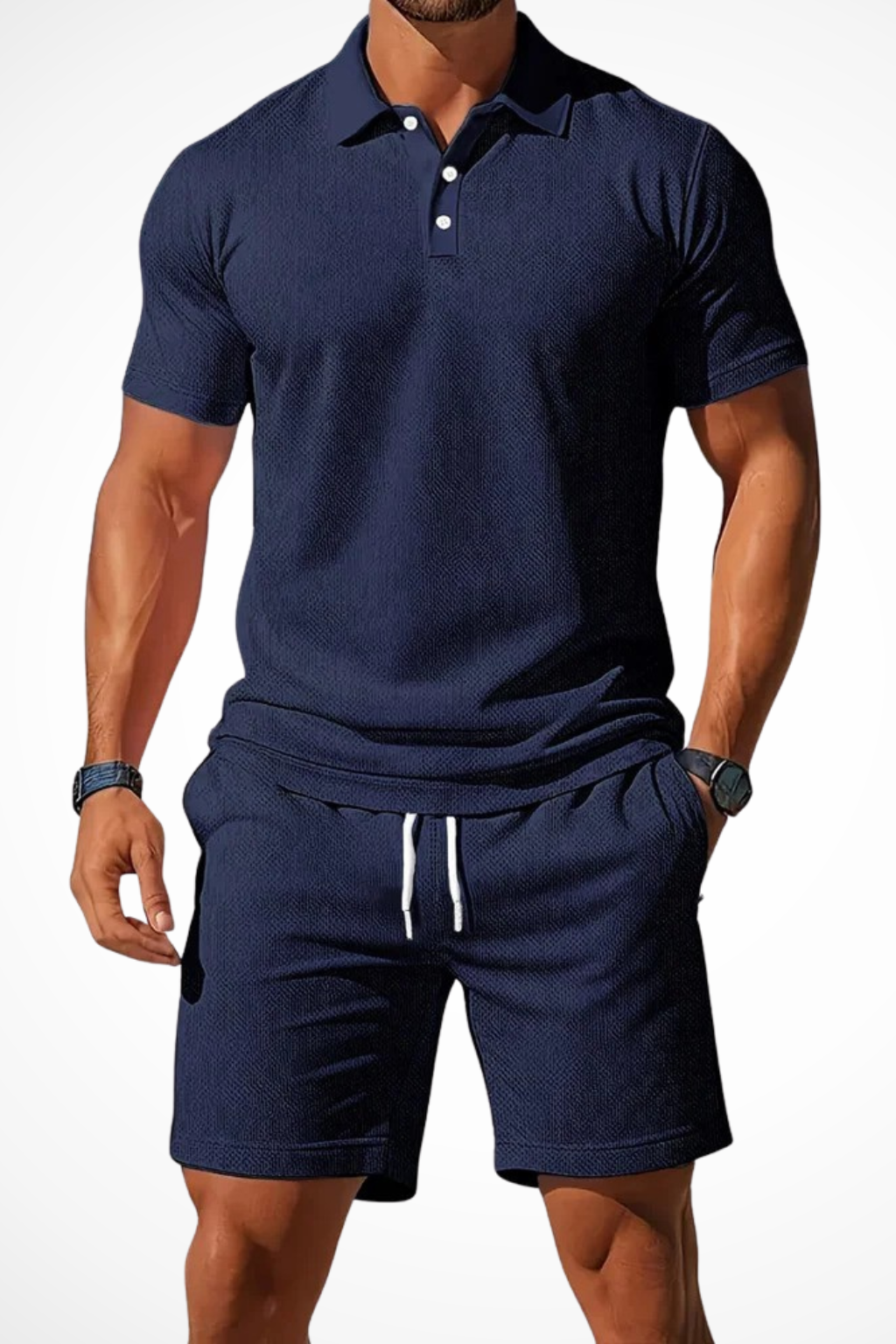 Men’s Summer Waffle-Knit Set | Textured Polo & Adjustable Drawstring Shorts