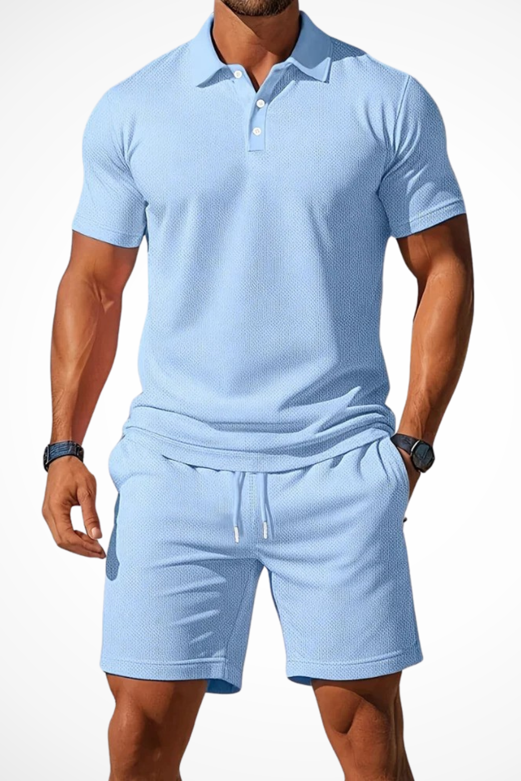 Men’s Summer Waffle-Knit Set | Textured Polo & Adjustable Drawstring Shorts