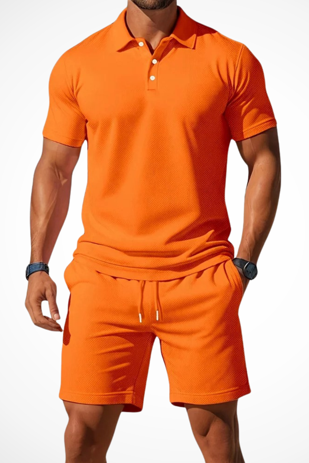 Men’s Summer Waffle-Knit Set | Textured Polo & Adjustable Drawstring Shorts