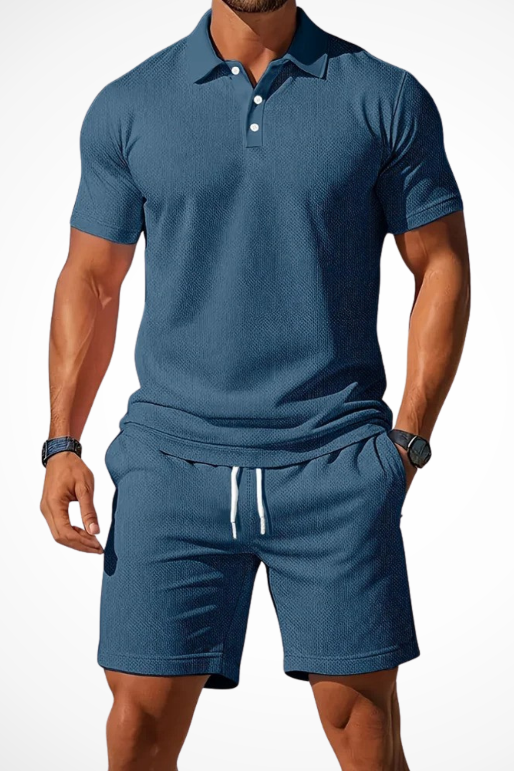 Men’s Summer Waffle-Knit Set | Textured Polo & Adjustable Drawstring Shorts