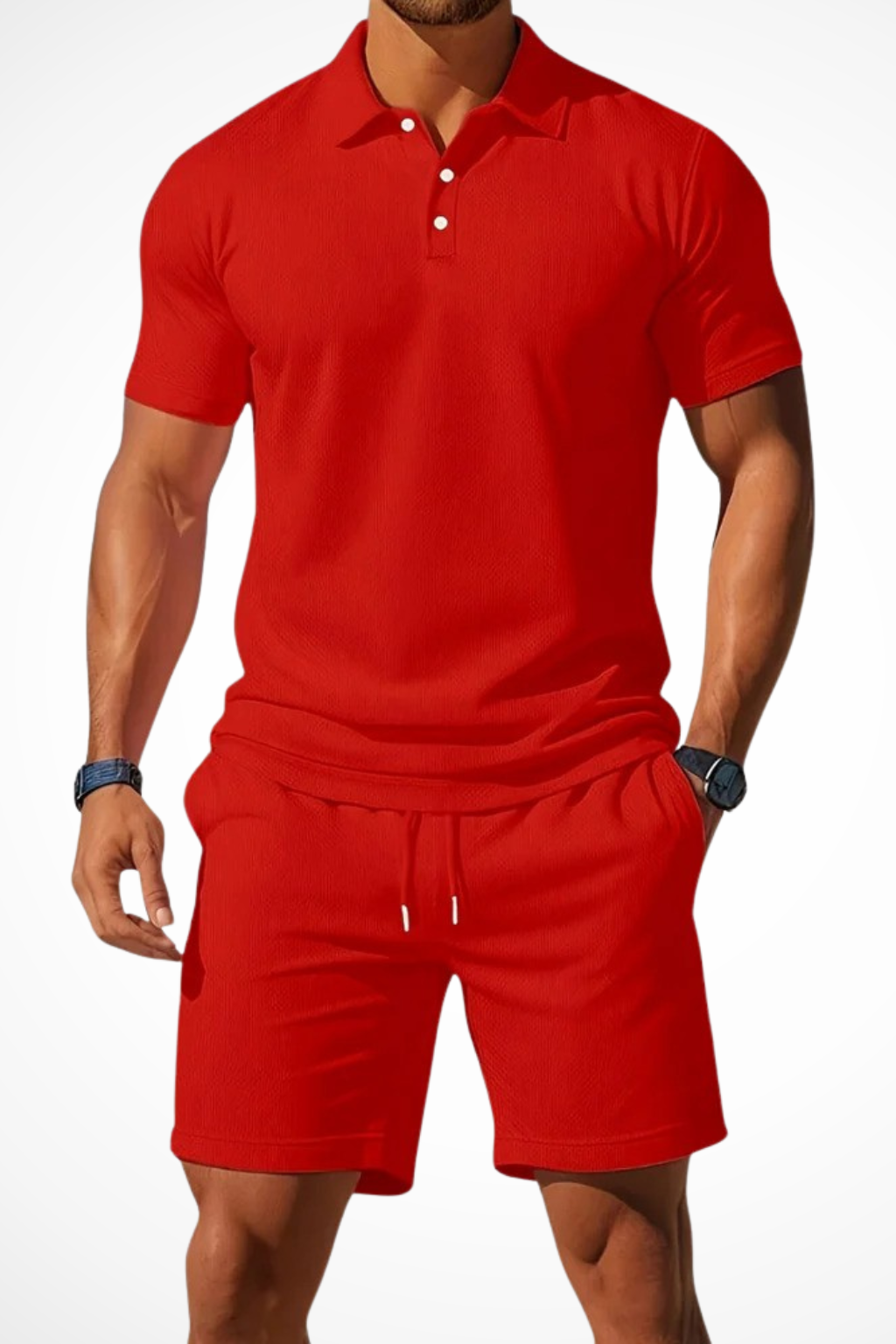 Men’s Summer Waffle-Knit Set | Textured Polo & Adjustable Drawstring Shorts