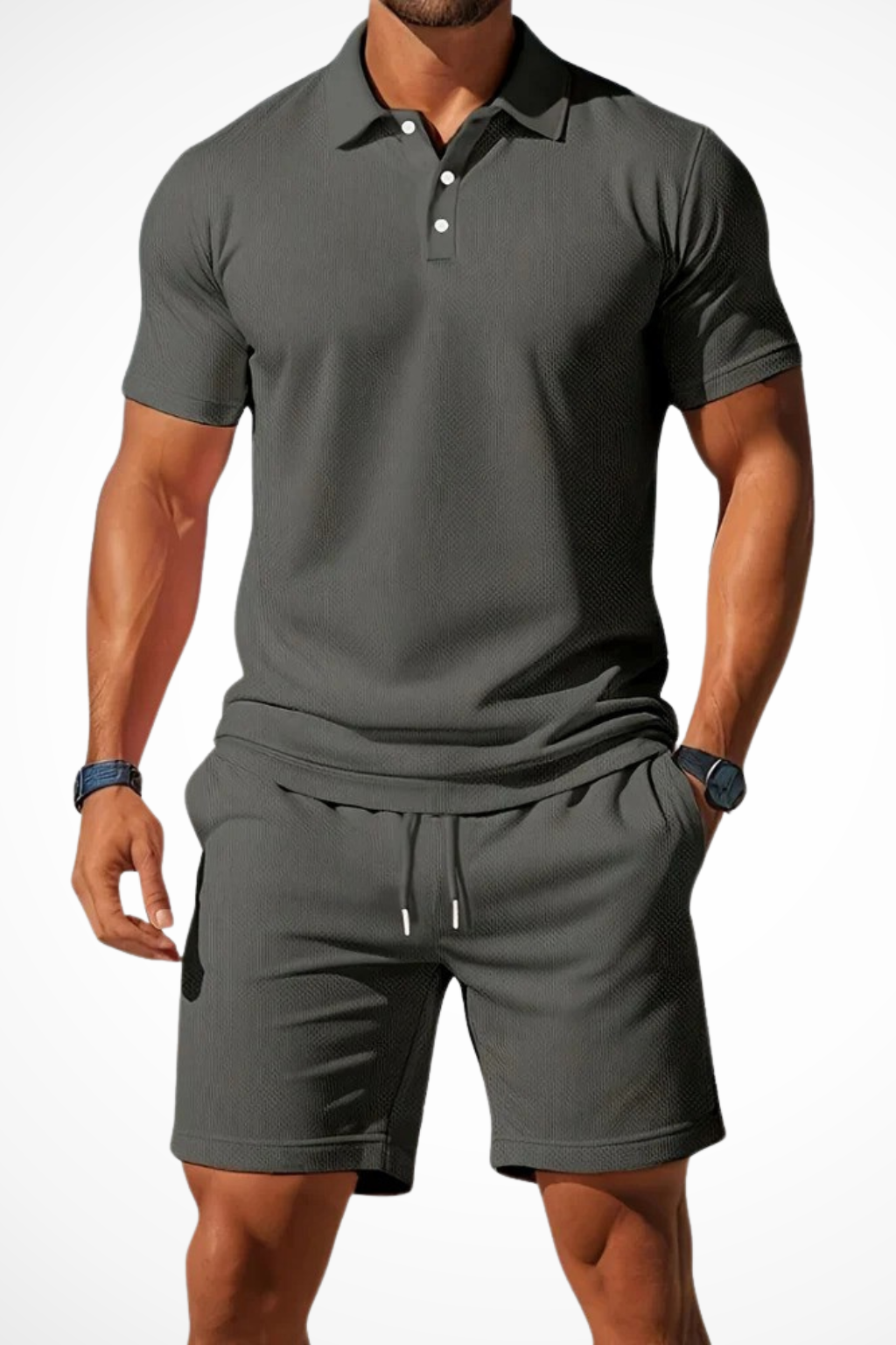 Men’s Summer Waffle-Knit Set | Textured Polo & Adjustable Drawstring Shorts
