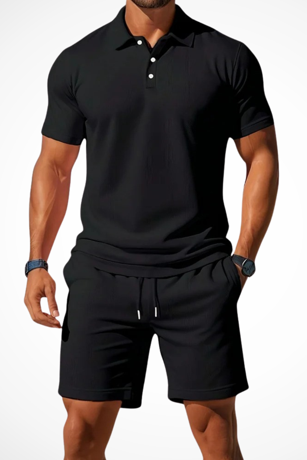Men’s Summer Waffle-Knit Set | Textured Polo & Adjustable Drawstring Shorts