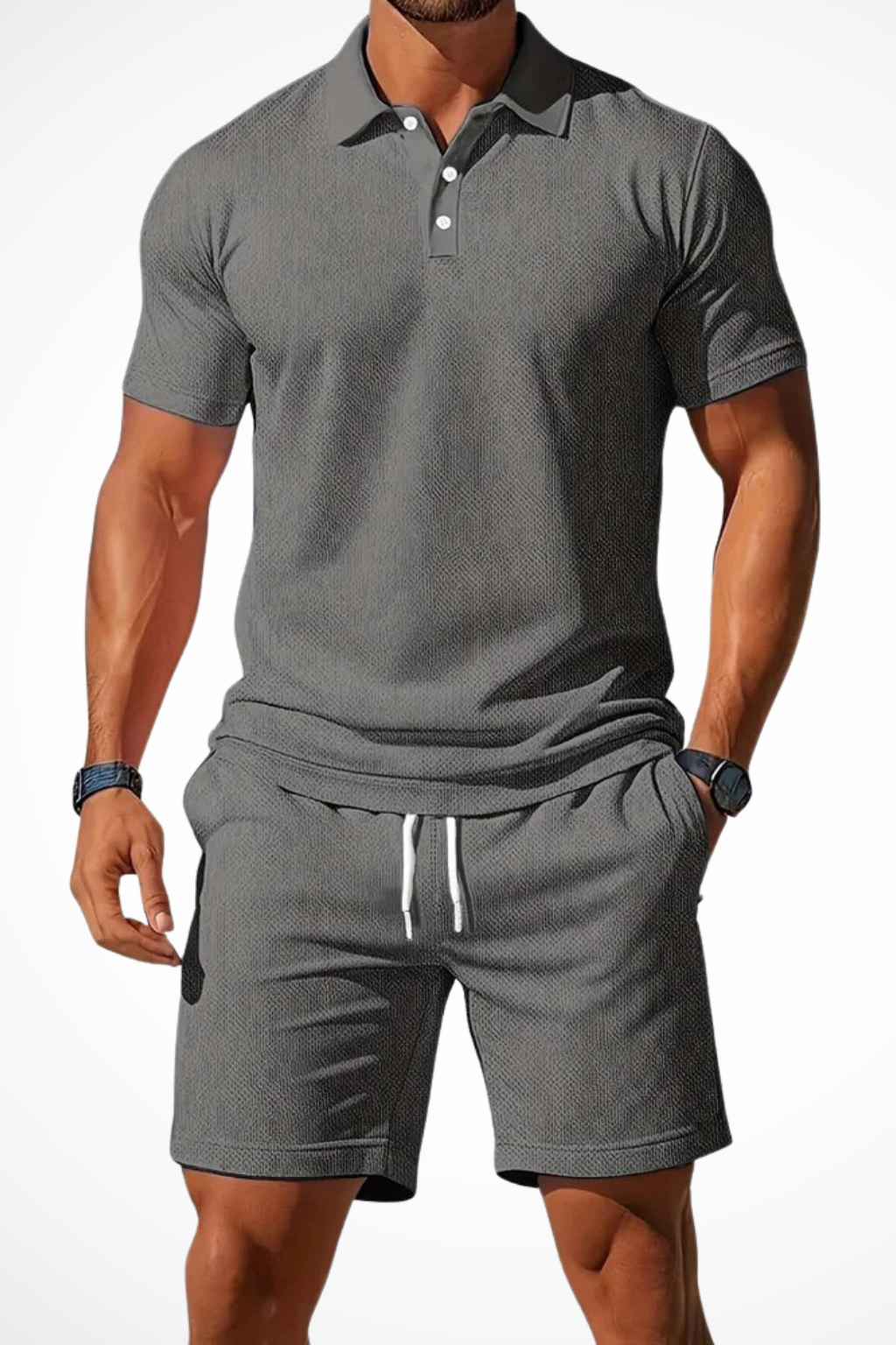Men’s Summer Waffle-Knit Set | Textured Polo & Adjustable Drawstring Shorts
