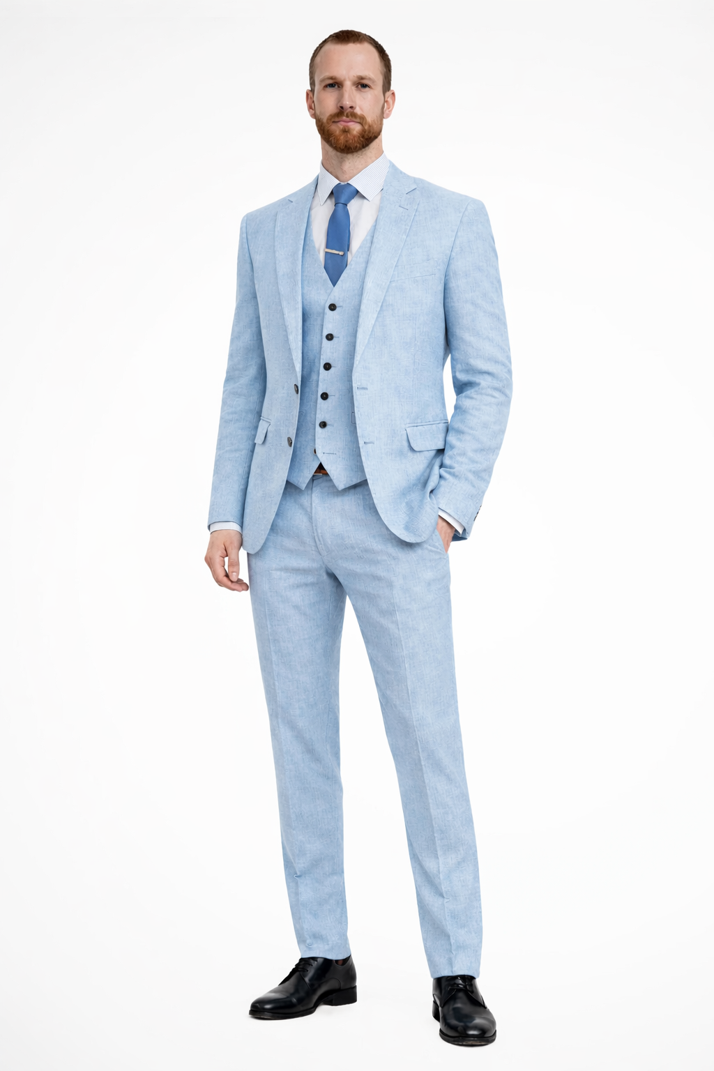 Men’s Light Blue Linen-Style 3-Piece Suit | Formal Blazer, Waistcoat & Trousers Set