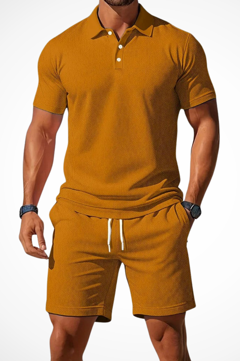 Men’s Summer Waffle-Knit Set | Textured Polo & Adjustable Drawstring Shorts