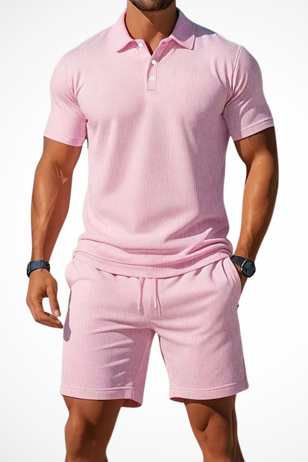 Men’s Summer Waffle-Knit Set | Textured Polo & Adjustable Drawstring Shorts
