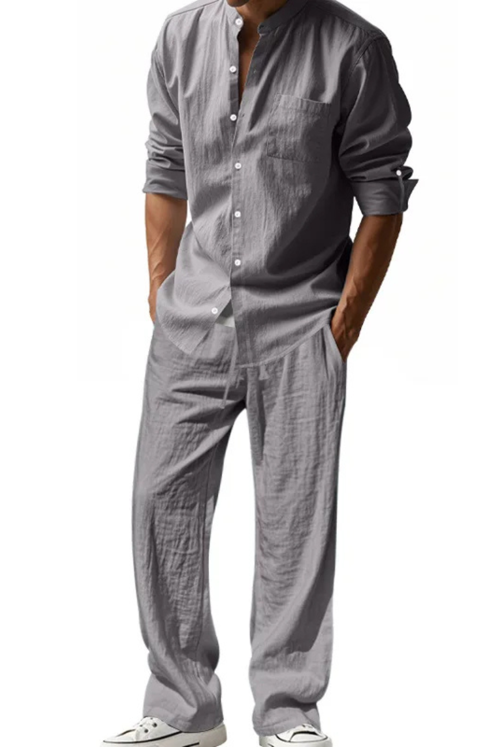 Men’s Linen Grandad Collar Set | Long Sleeve Henley-Style Shirt & Relaxed Trousers