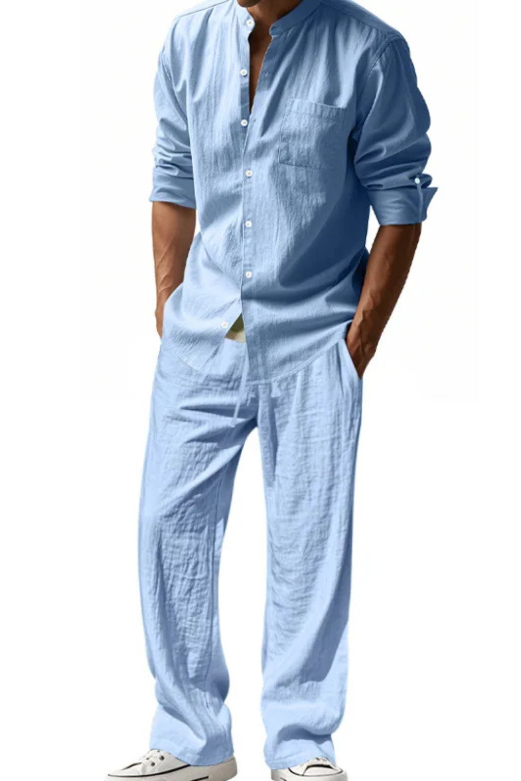 Men’s Linen Grandad Collar Set | Long Sleeve Henley-Style Shirt & Relaxed Trousers