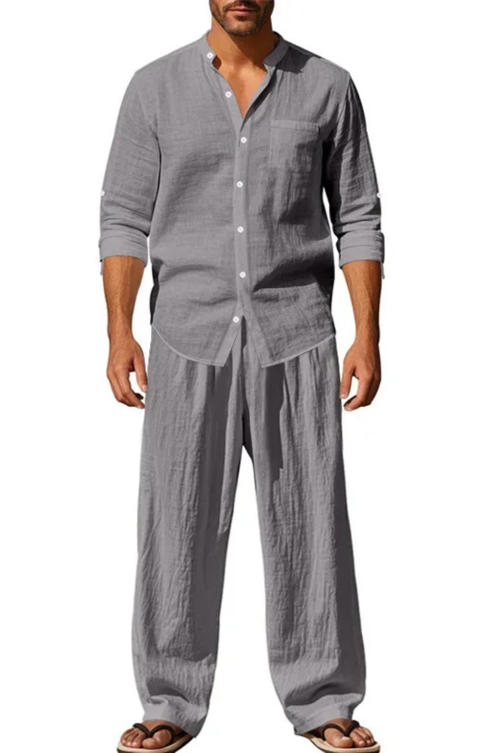 Men’s Linen Grandad Collar Set | Long Sleeve Henley-Style Shirt & Relaxed Trousers