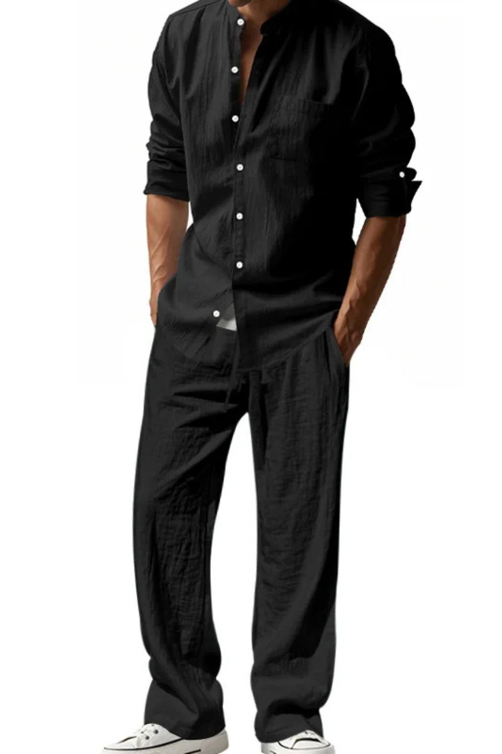 Men’s Linen Grandad Collar Set | Long Sleeve Henley-Style Shirt & Relaxed Trousers