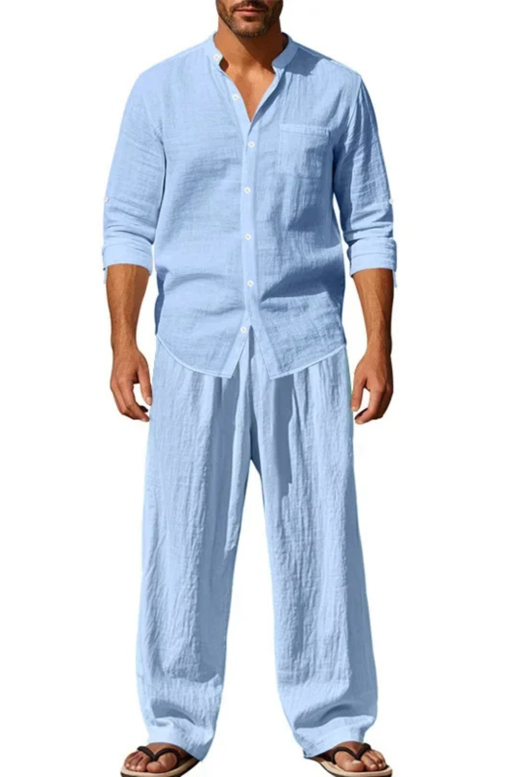 Men’s Linen Grandad Collar Set | Long Sleeve Henley-Style Shirt & Relaxed Trousers