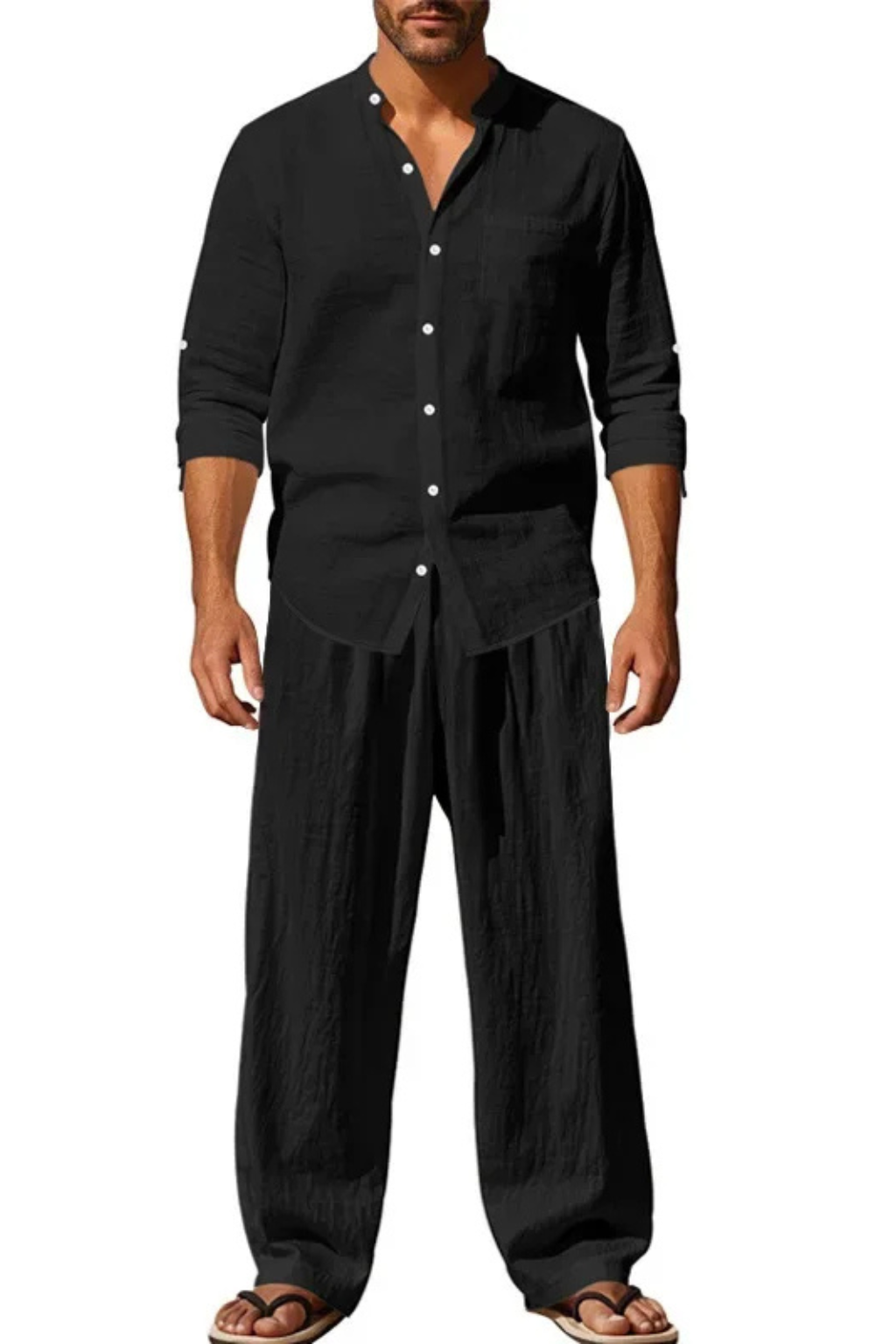 Men’s Linen Grandad Collar Set | Long Sleeve Henley-Style Shirt & Relaxed Trousers