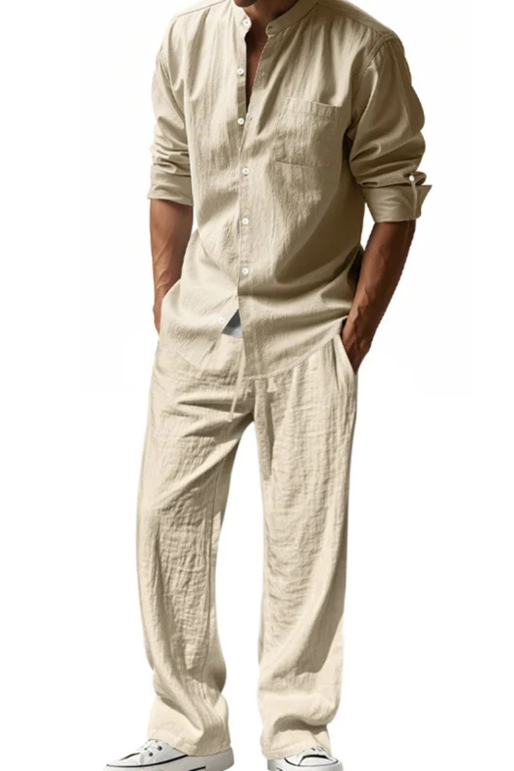 Men’s Linen Grandad Collar Set | Long Sleeve Henley-Style Shirt & Relaxed Trousers