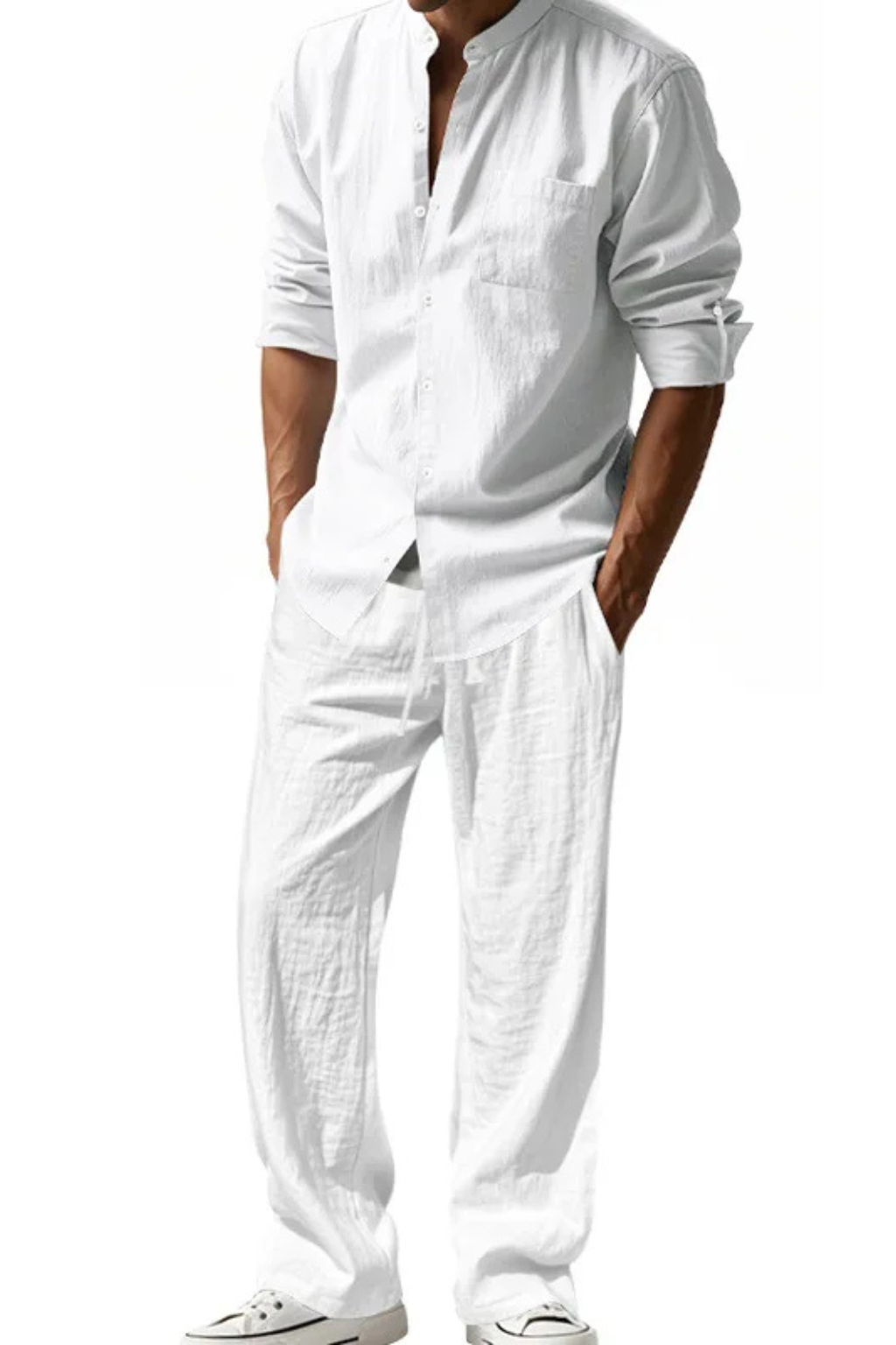 Men’s Linen Grandad Collar Set | Long Sleeve Henley-Style Shirt & Relaxed Trousers