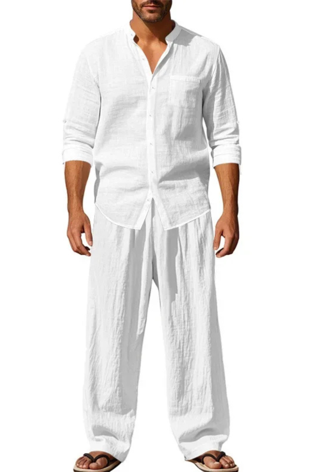 Men’s Linen Grandad Collar Set | Long Sleeve Henley-Style Shirt & Relaxed Trousers
