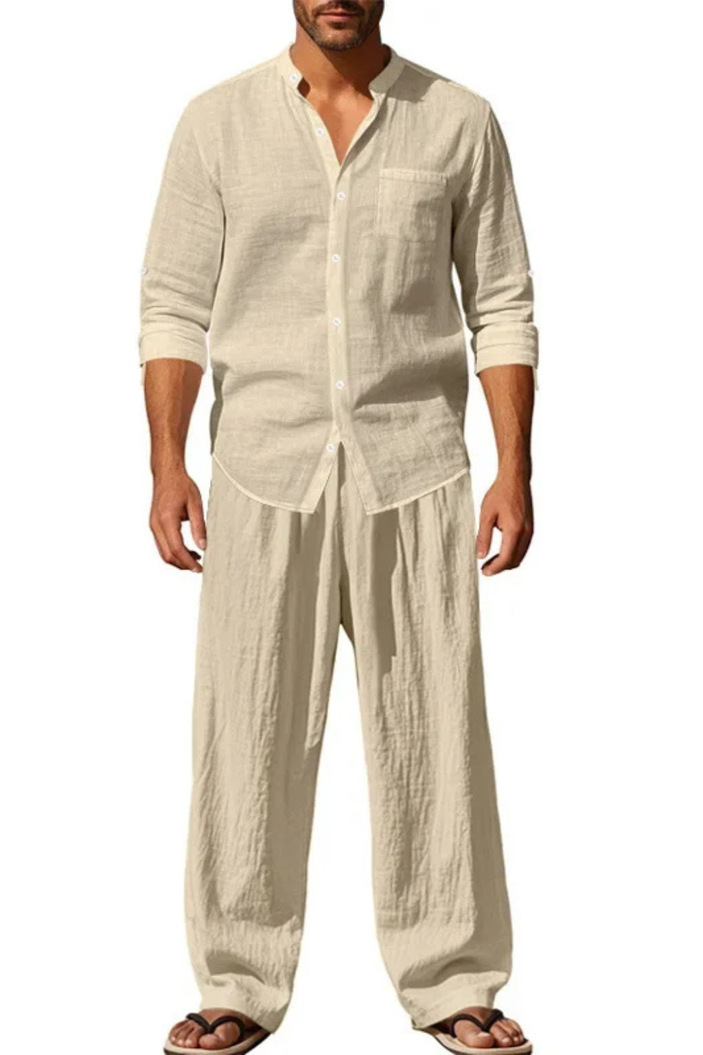 Men’s Linen Grandad Collar Set | Long Sleeve Henley-Style Shirt & Relaxed Trousers