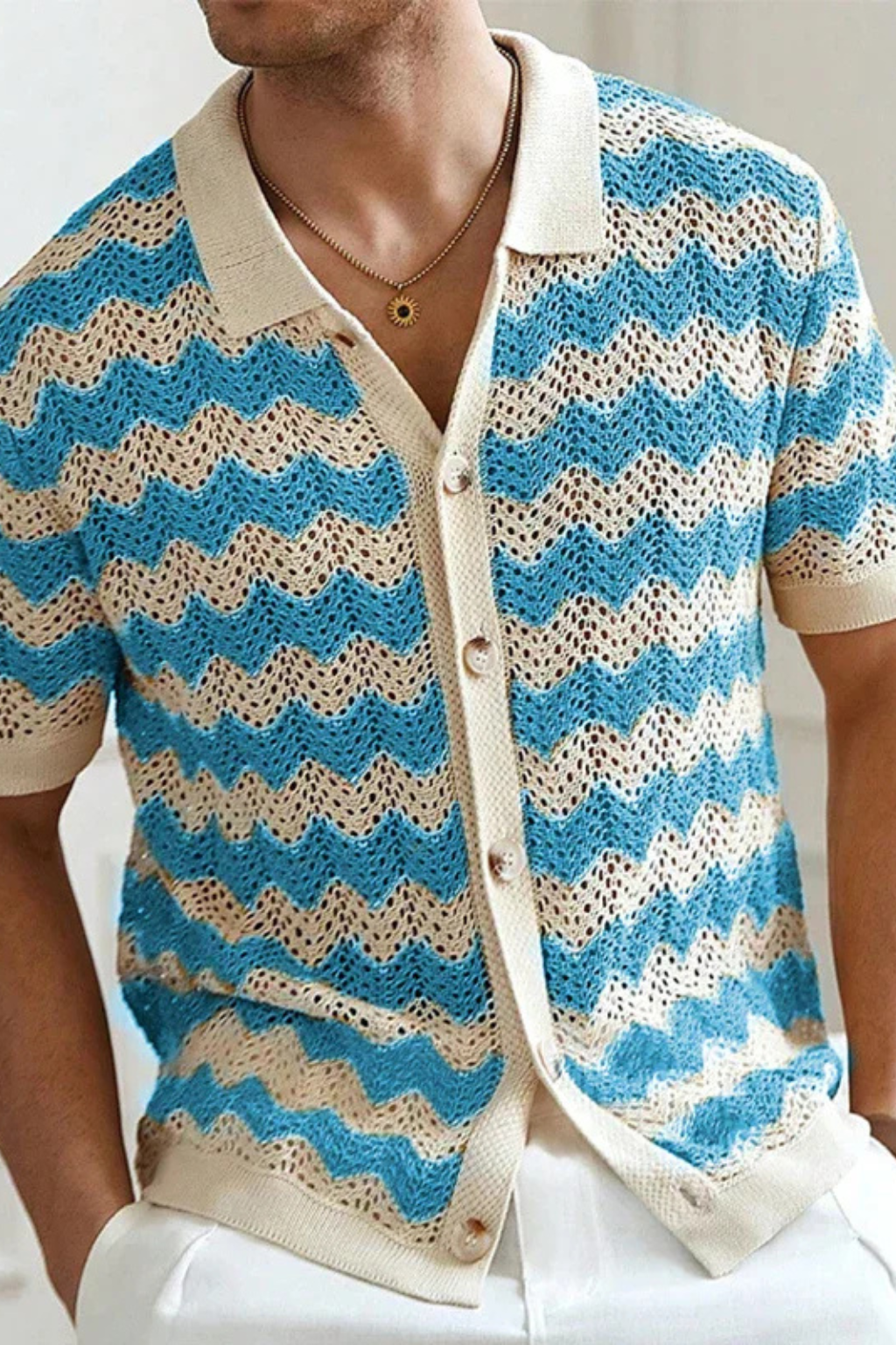 Men’s Zigzag Crochet Knit Polo | Retro-Inspired Short Sleeve Button-Down