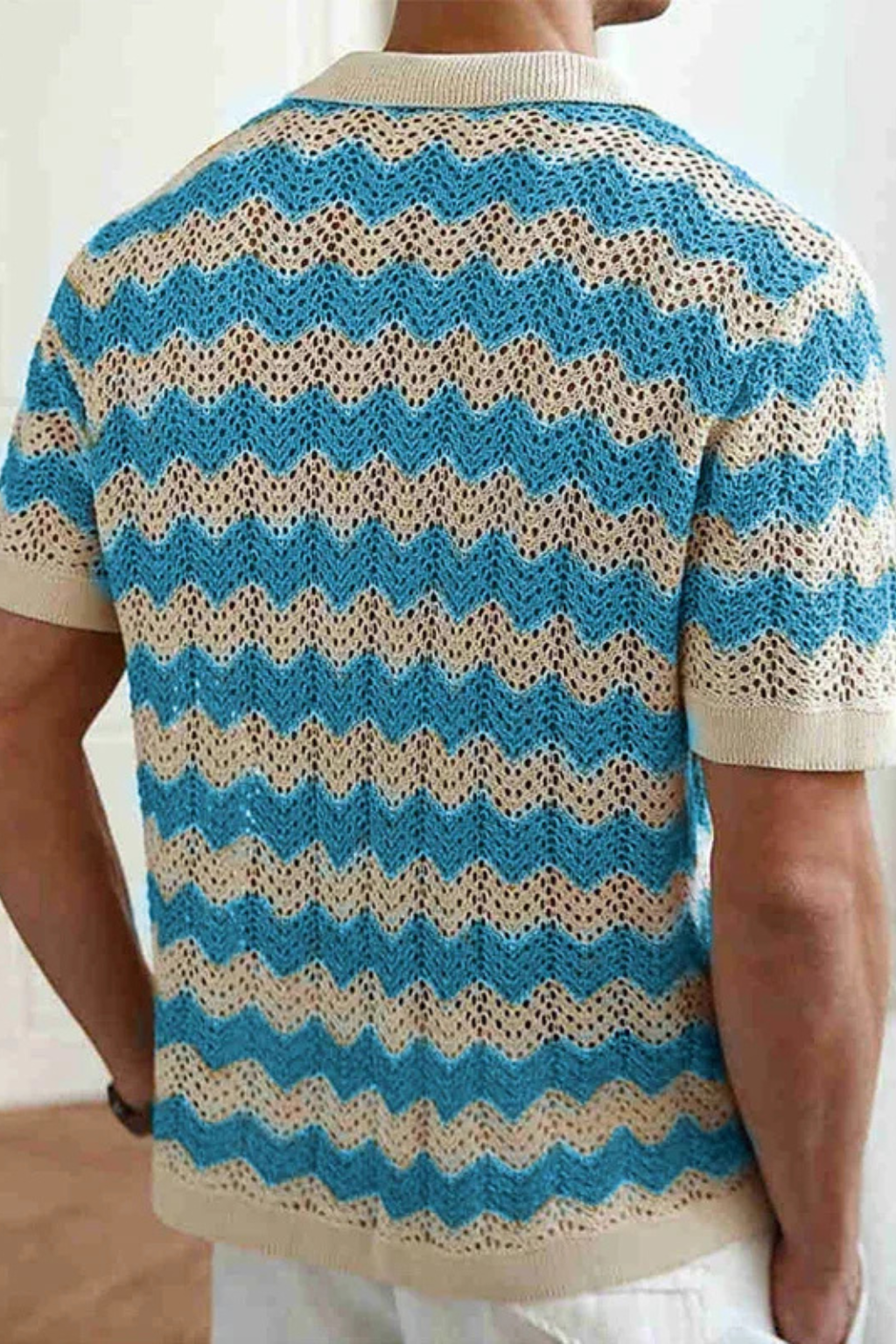 Men’s Zigzag Crochet Knit Polo | Retro-Inspired Short Sleeve Button-Down