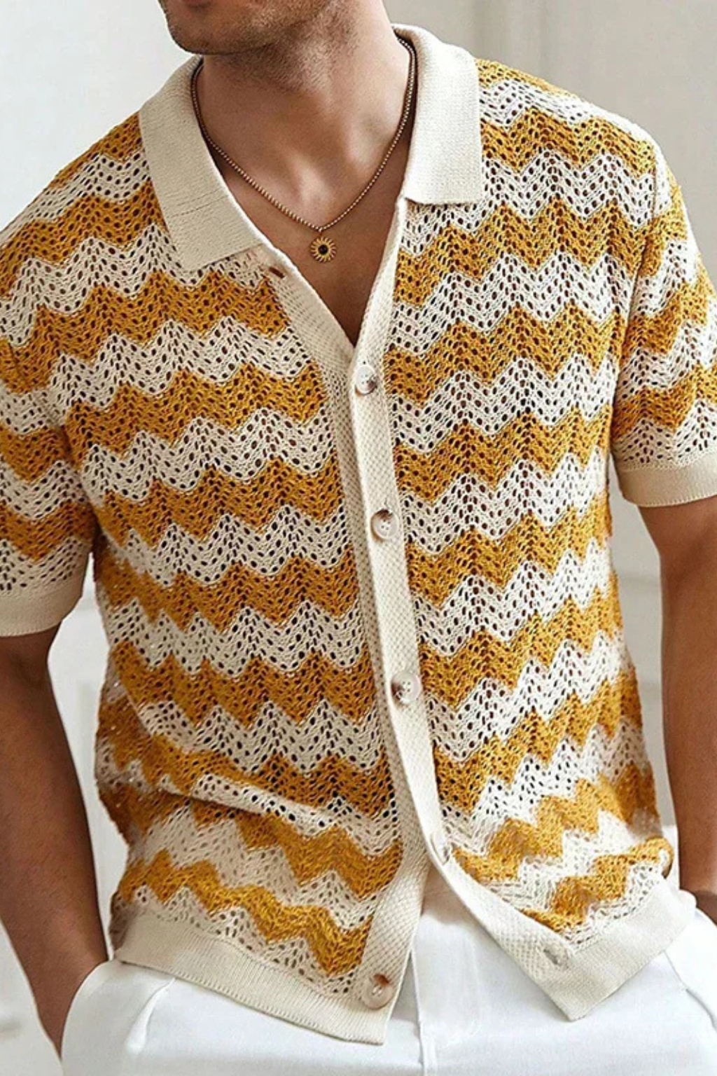 Men’s Zigzag Crochet Knit Polo | Retro-Inspired Short Sleeve Button-Down