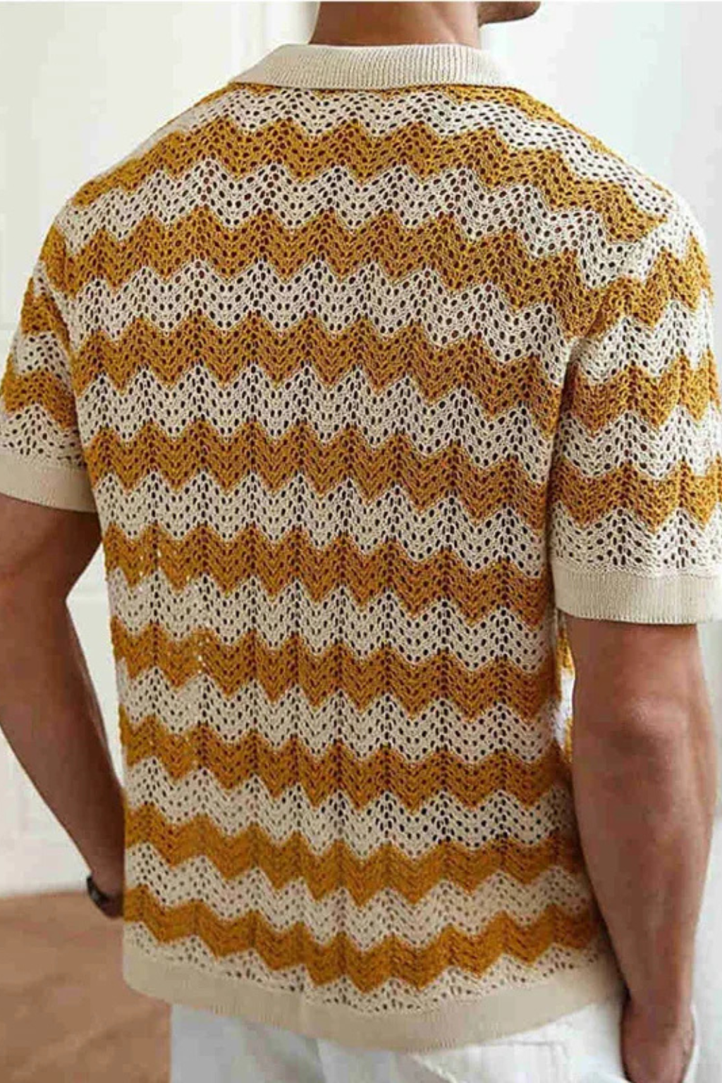 Men’s Zigzag Crochet Knit Polo | Retro-Inspired Short Sleeve Button-Down