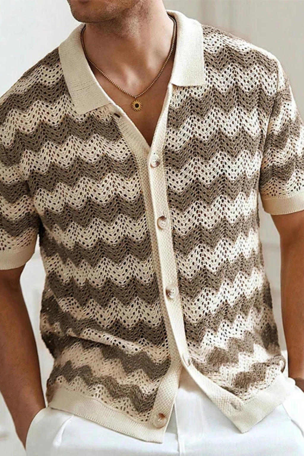 Men’s Zigzag Crochet Knit Polo | Retro-Inspired Short Sleeve Button-Down