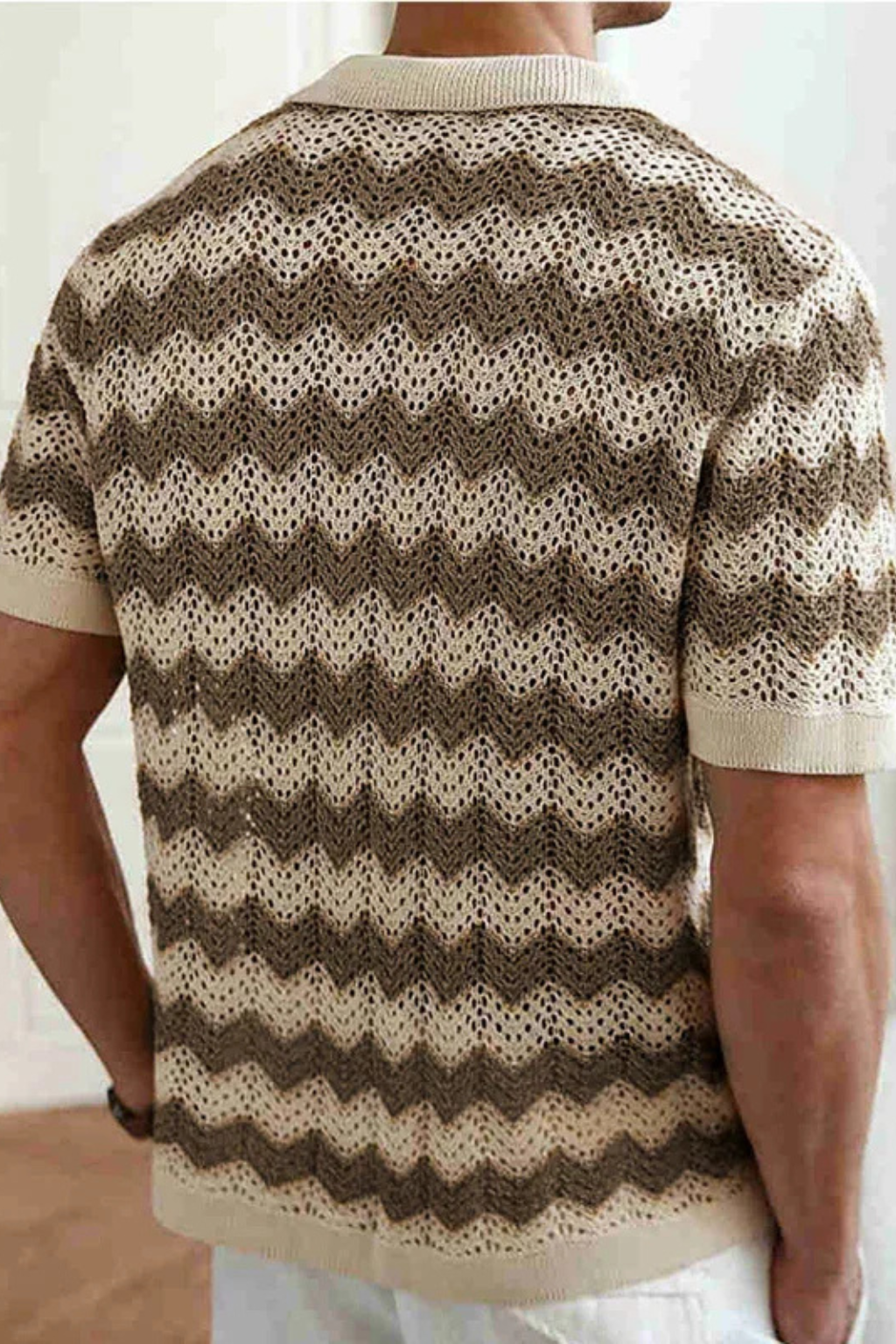 Men’s Zigzag Crochet Knit Polo | Retro-Inspired Short Sleeve Button-Down