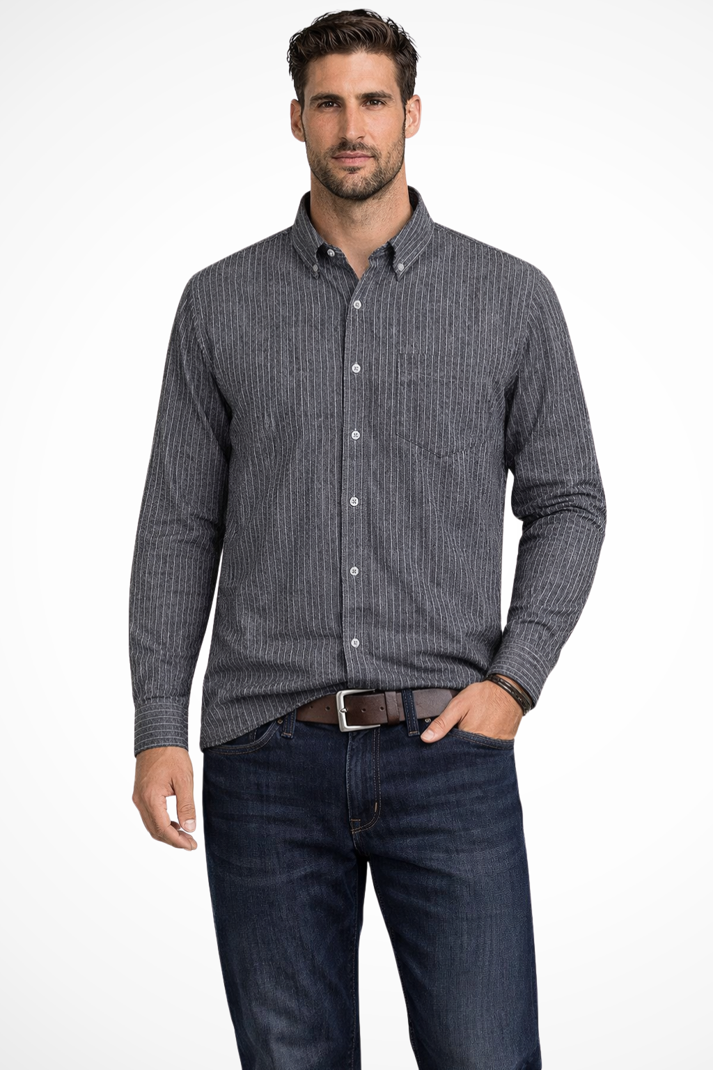 Men’s Vertical Striped Dress Shirt | Tailored Long Sleeve Button-Down