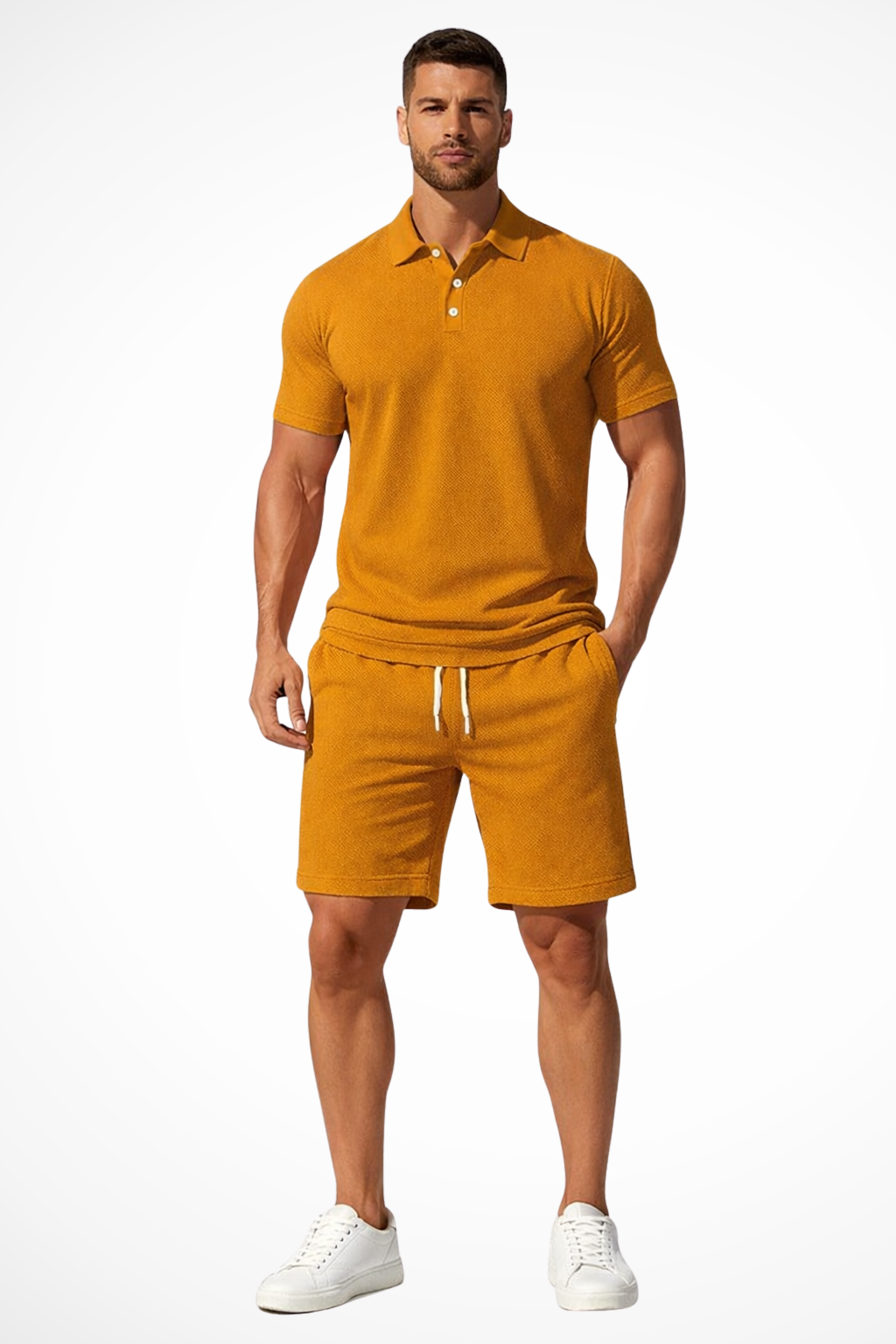 Men’s Summer Waffle-Knit Set | Textured Polo & Adjustable Drawstring Shorts