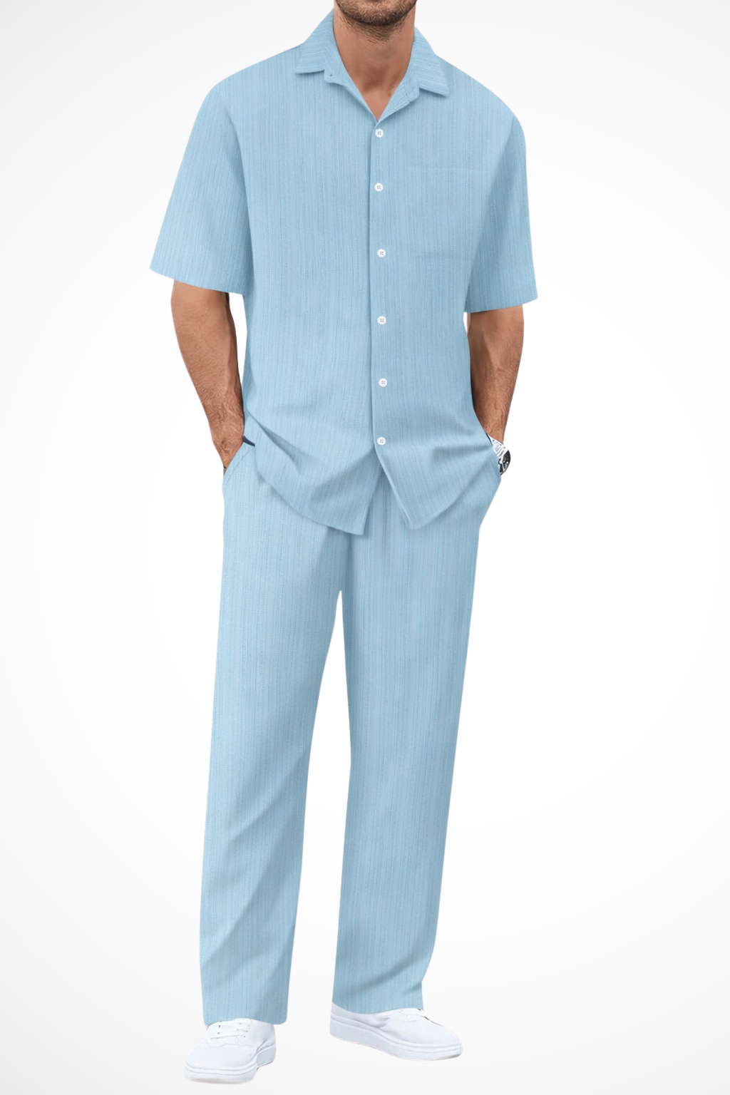 Men’s Textured Summer Co-ord | Short Sleeve Camp Collar Shirt & Straight Leg Trousers