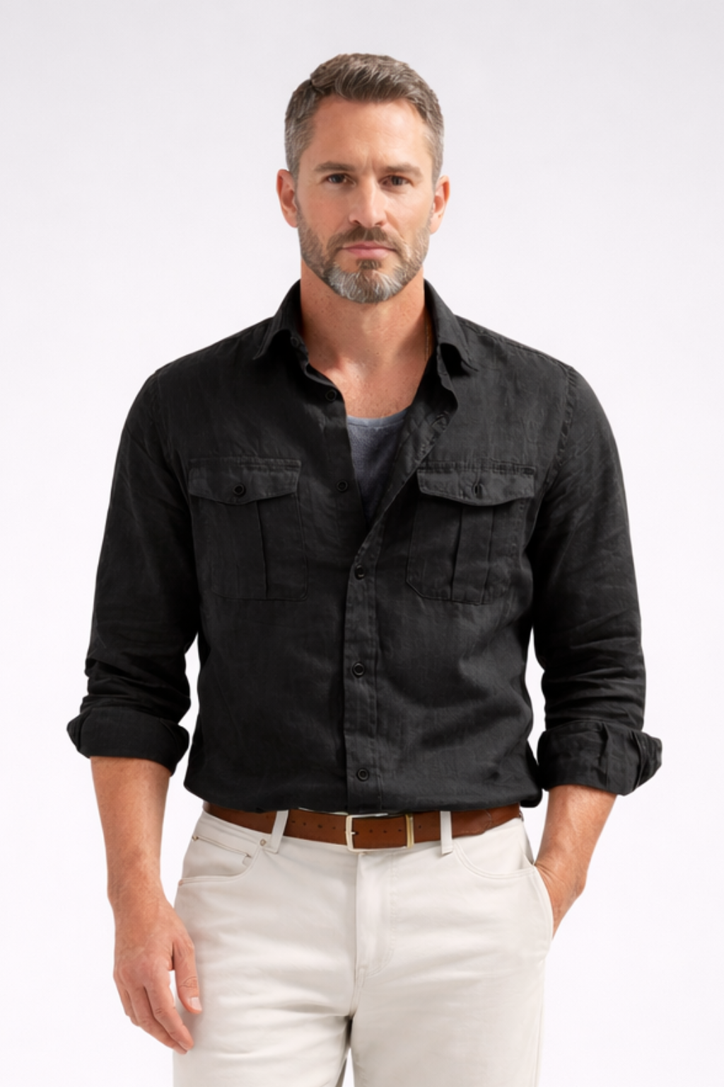 Men’s Cotton-Linen Utility Shirt | Long Sleeve Button-Down with Dual Flap Pockets