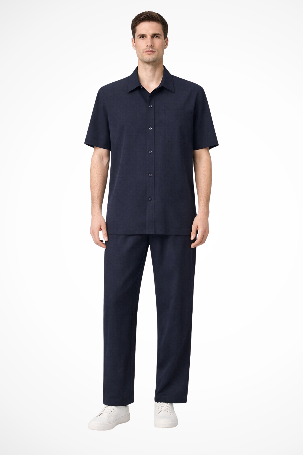 Men’s Navy Leisure Set | Short Sleeve Lapel Shirt & Elastic Waist Trousers