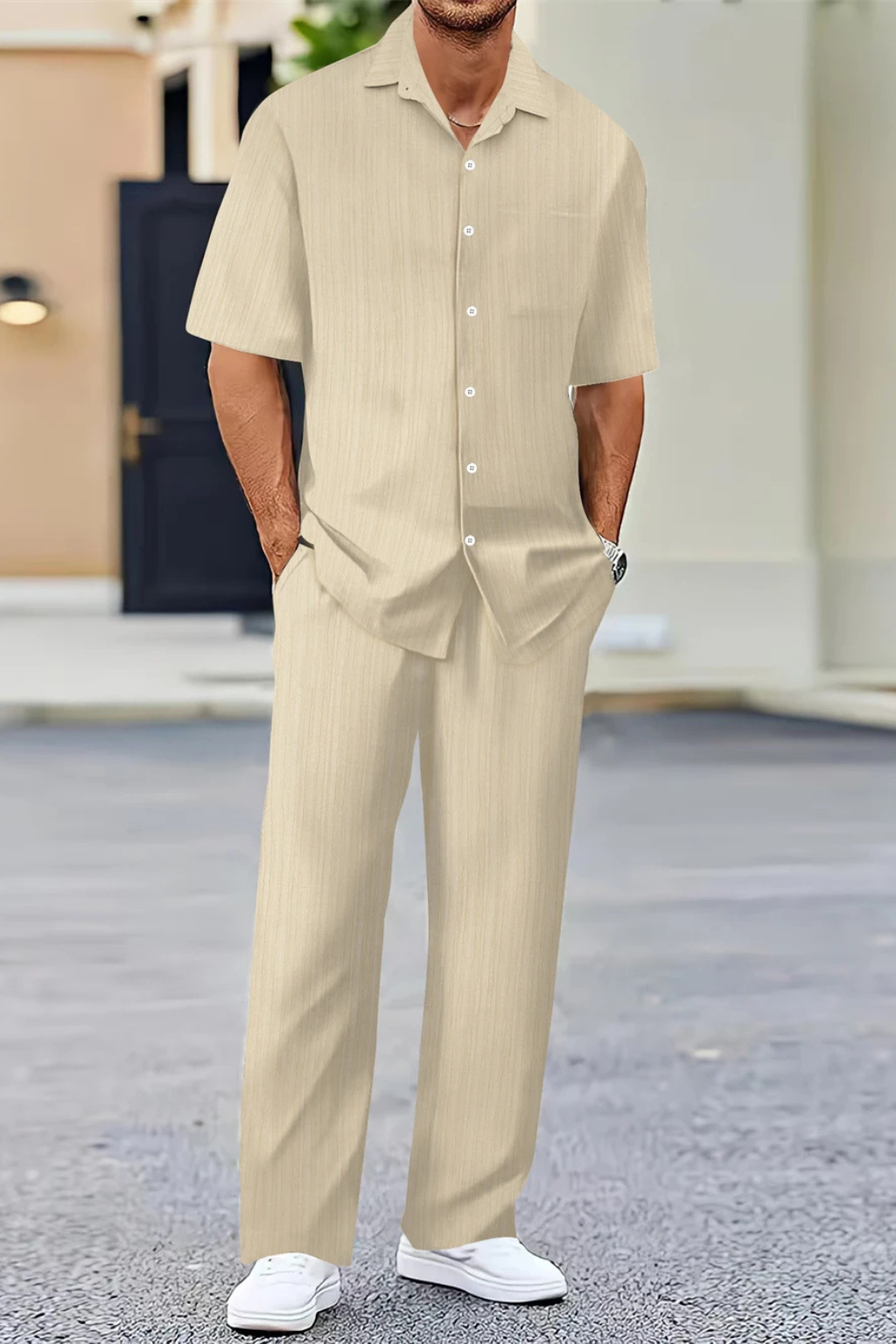 Men’s Textured Summer Co-ord | Short Sleeve Camp Collar Shirt & Straight Leg Trousers
