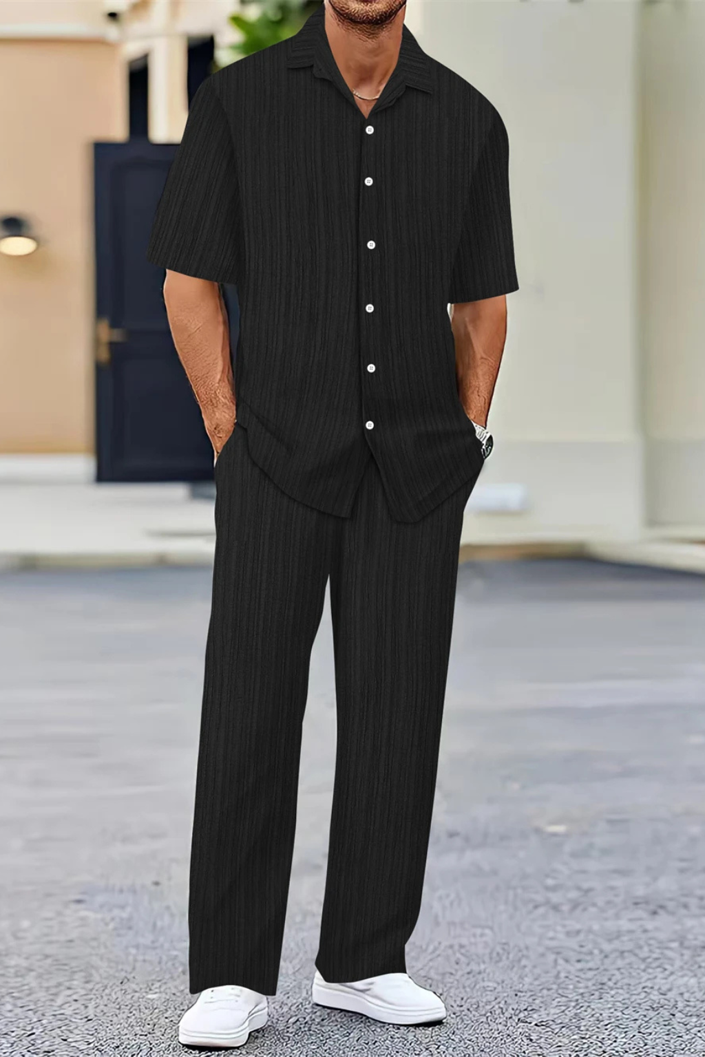 Men’s Textured Summer Co-ord | Short Sleeve Camp Collar Shirt & Straight Leg Trousers