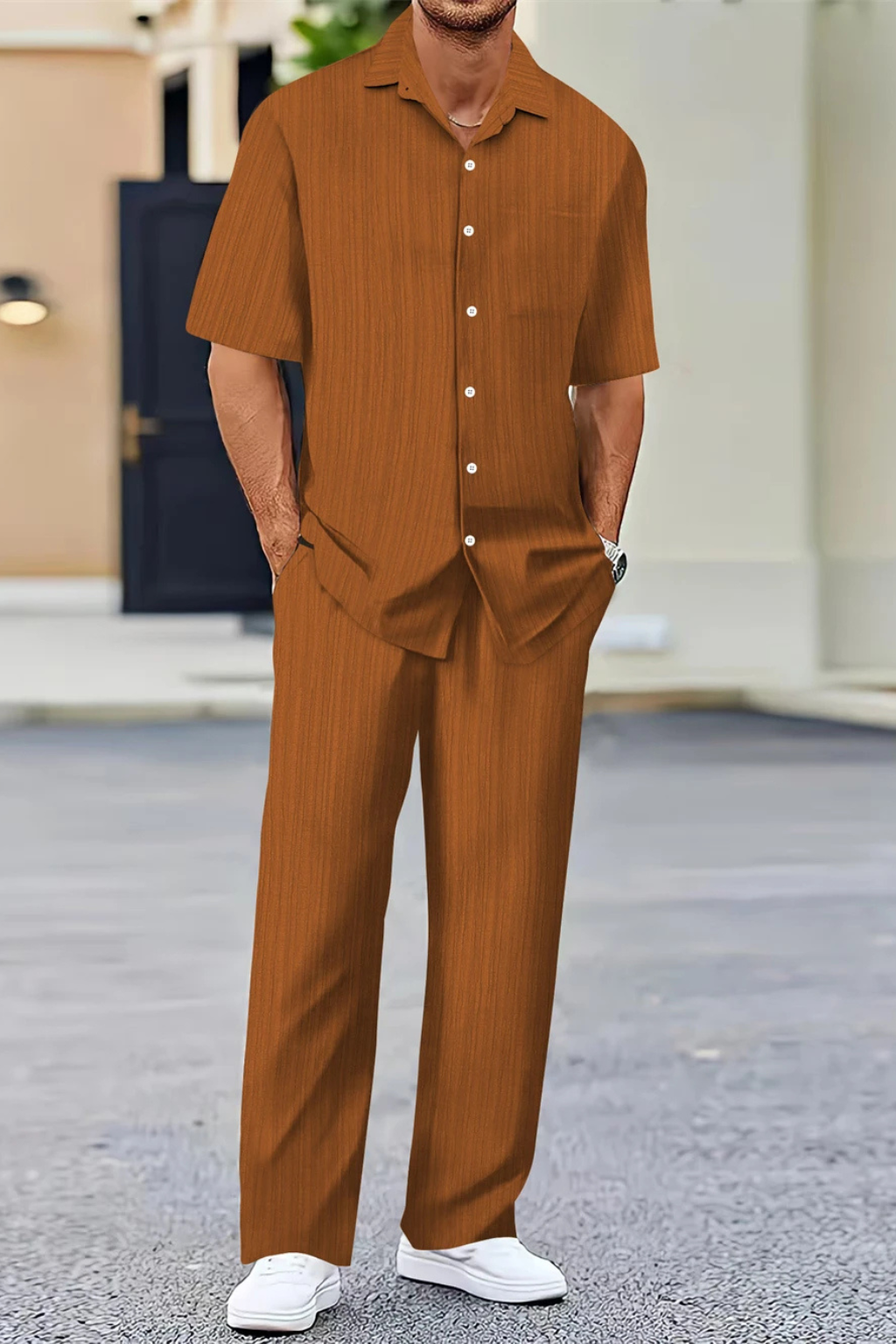 Men’s Textured Summer Co-ord | Short Sleeve Camp Collar Shirt & Straight Leg Trousers