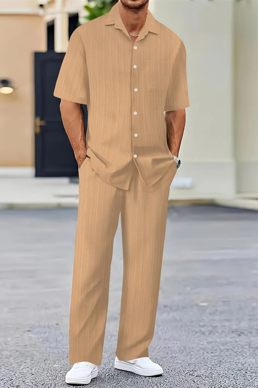 Men’s Textured Summer Co-ord | Short Sleeve Camp Collar Shirt & Straight Leg Trousers