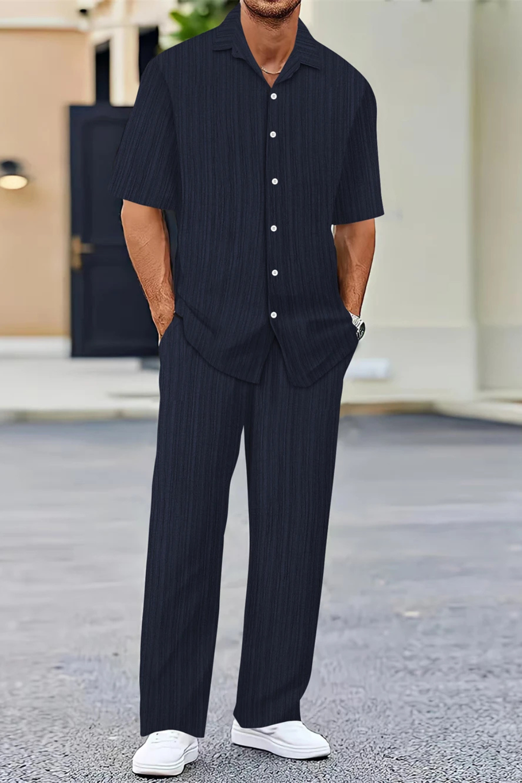 Men’s Textured Summer Co-ord | Short Sleeve Camp Collar Shirt & Straight Leg Trousers