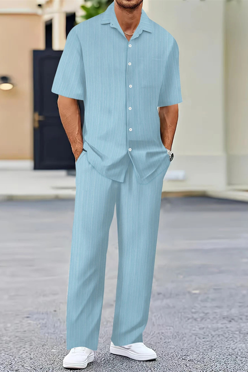 Men’s Textured Summer Co-ord | Short Sleeve Camp Collar Shirt & Straight Leg Trousers