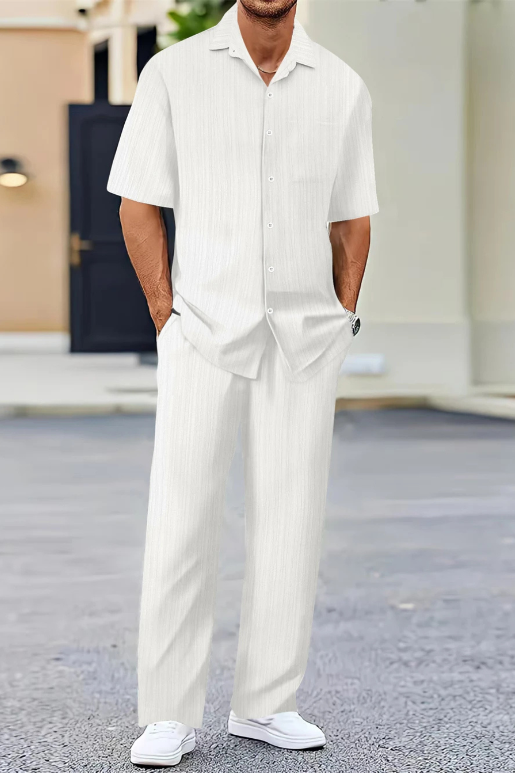 Men’s Textured Summer Co-ord | Short Sleeve Camp Collar Shirt & Straight Leg Trousers