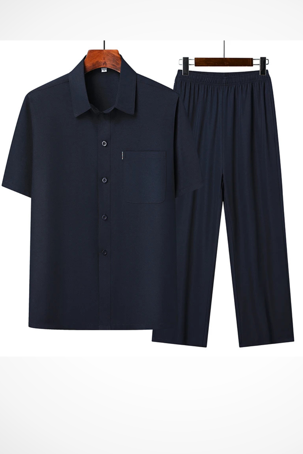 Men’s Navy Leisure Set | Short Sleeve Lapel Shirt & Elastic Waist Trousers